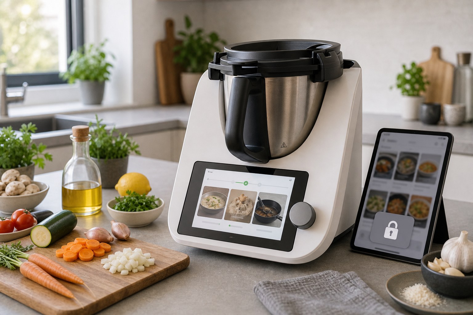 Kochmaschine mit App-Rezeptanzeige ohne lesbaren Text