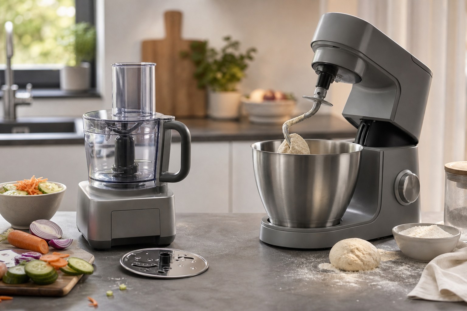 Food Processor und Küchenmaschine nebeneinander als Entscheidung zwischen Schneiden und Rühren