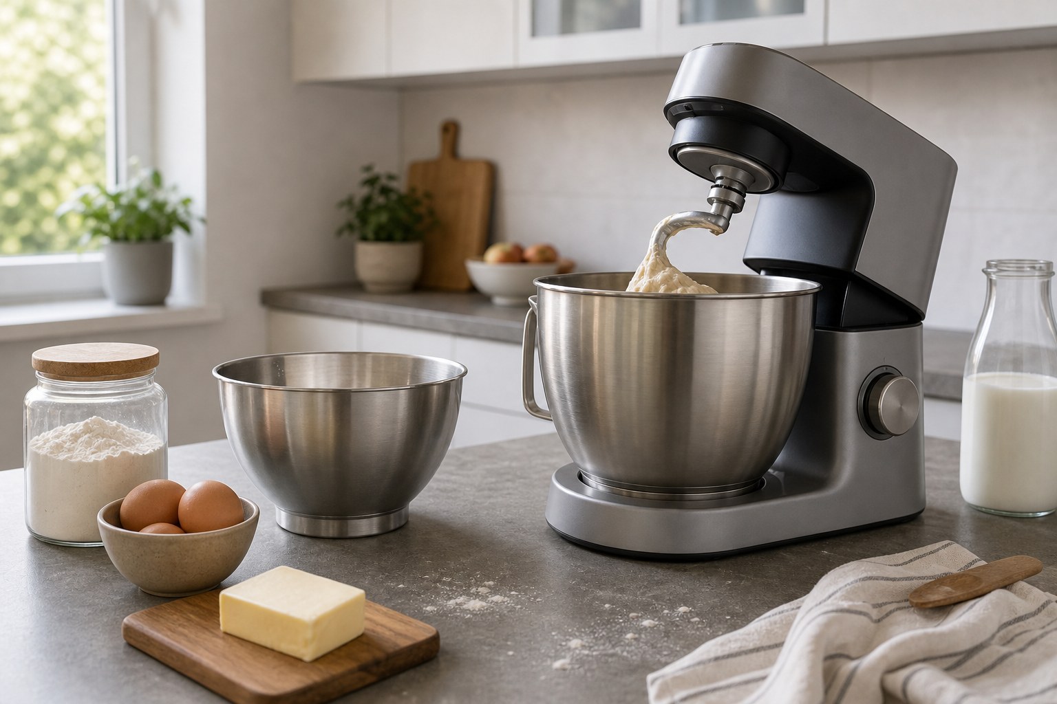 Küchenmaschine mit großer Edelstahlschüssel und Zutaten im Größenvergleich