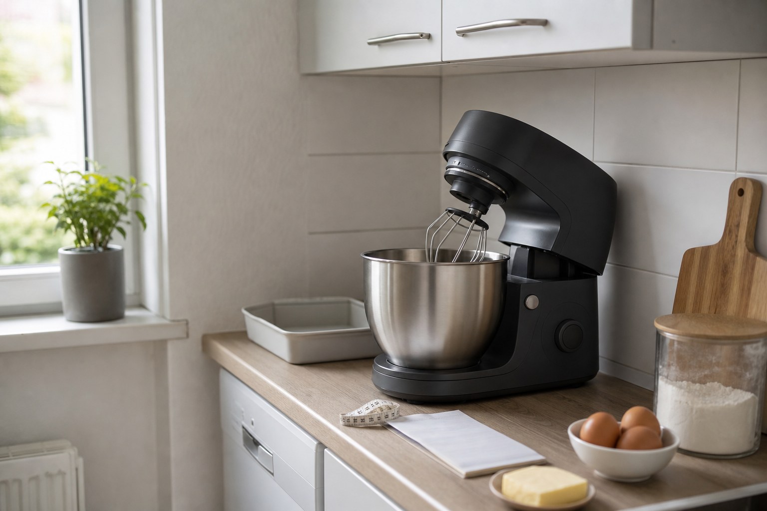 Küchenmaschine auf begrenzter Arbeitsfläche unter einem Hängeschrank