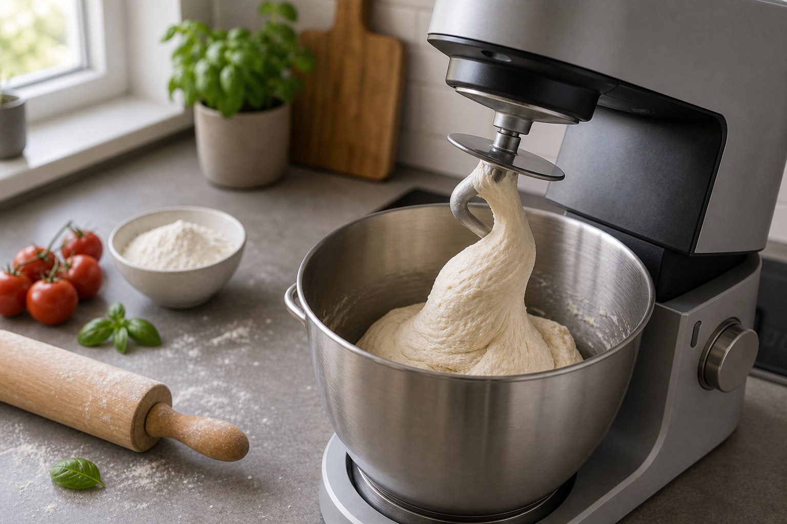 Küchenmaschine knetet elastischen Pizzateig mit Knethaken