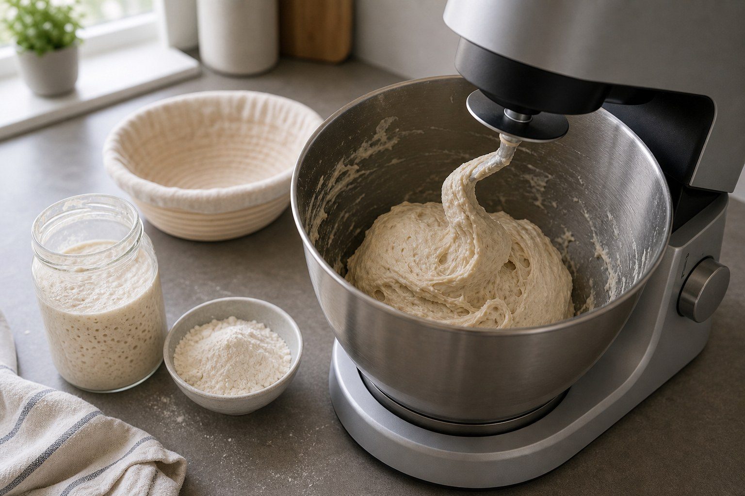 Küchenmaschine knetet klebrigen Sauerteig mit Knethaken