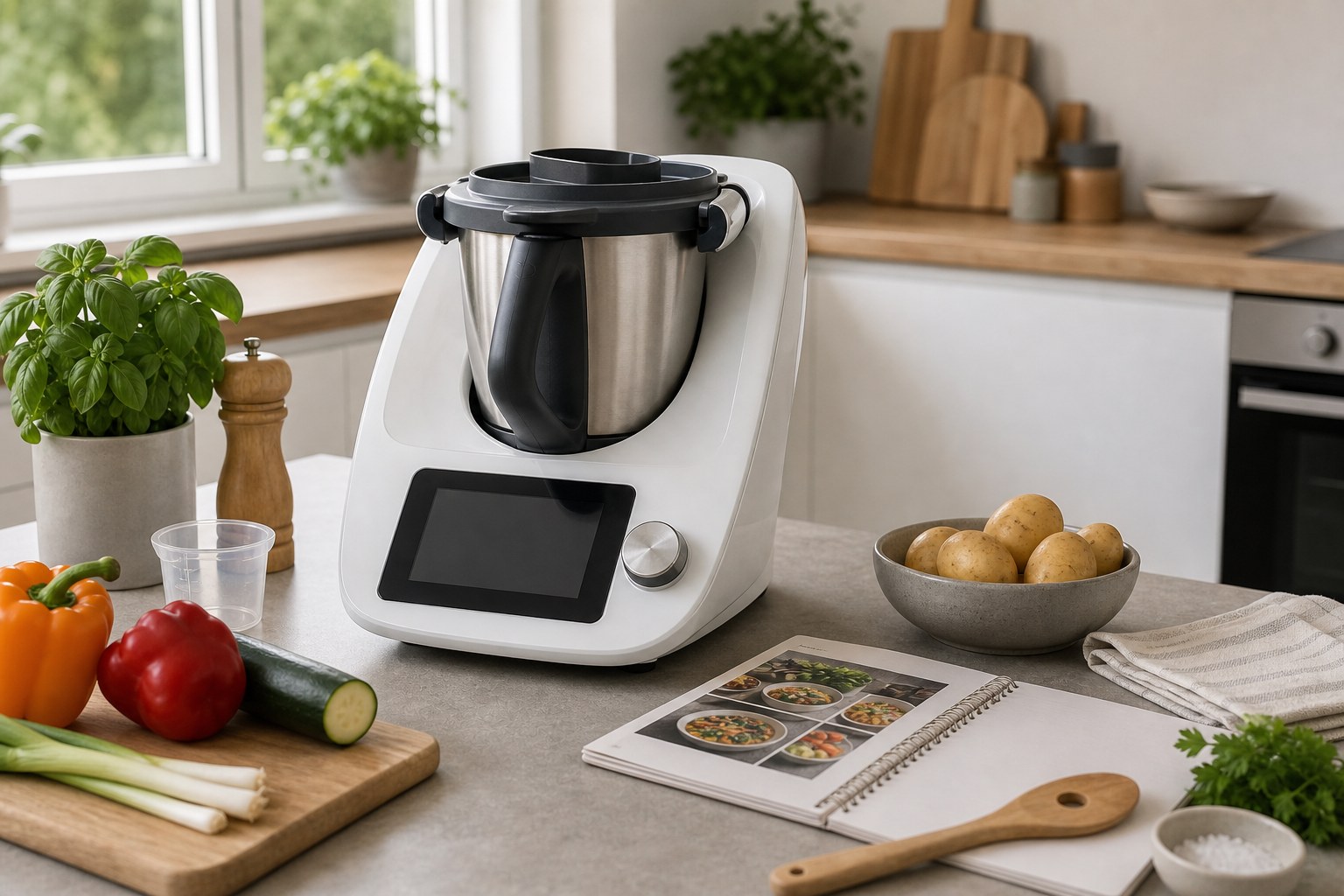 Unmarkierte Kochmaschine mit Rezeptbuch als Thermomix-Alternative ohne Abo
